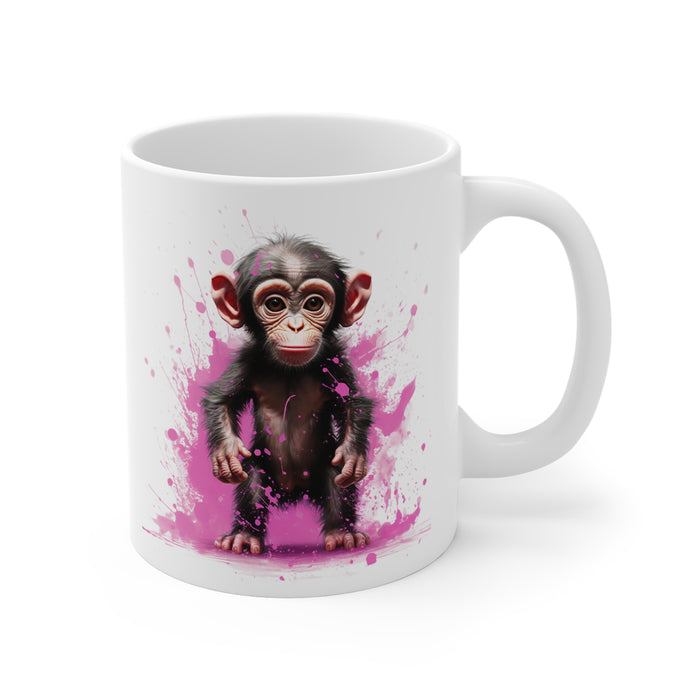Mug 11oz White - Baby Chimp, Pink Splatter Design